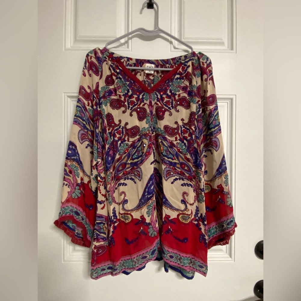 D- Multicolor Floral Paisley Boho Blouse